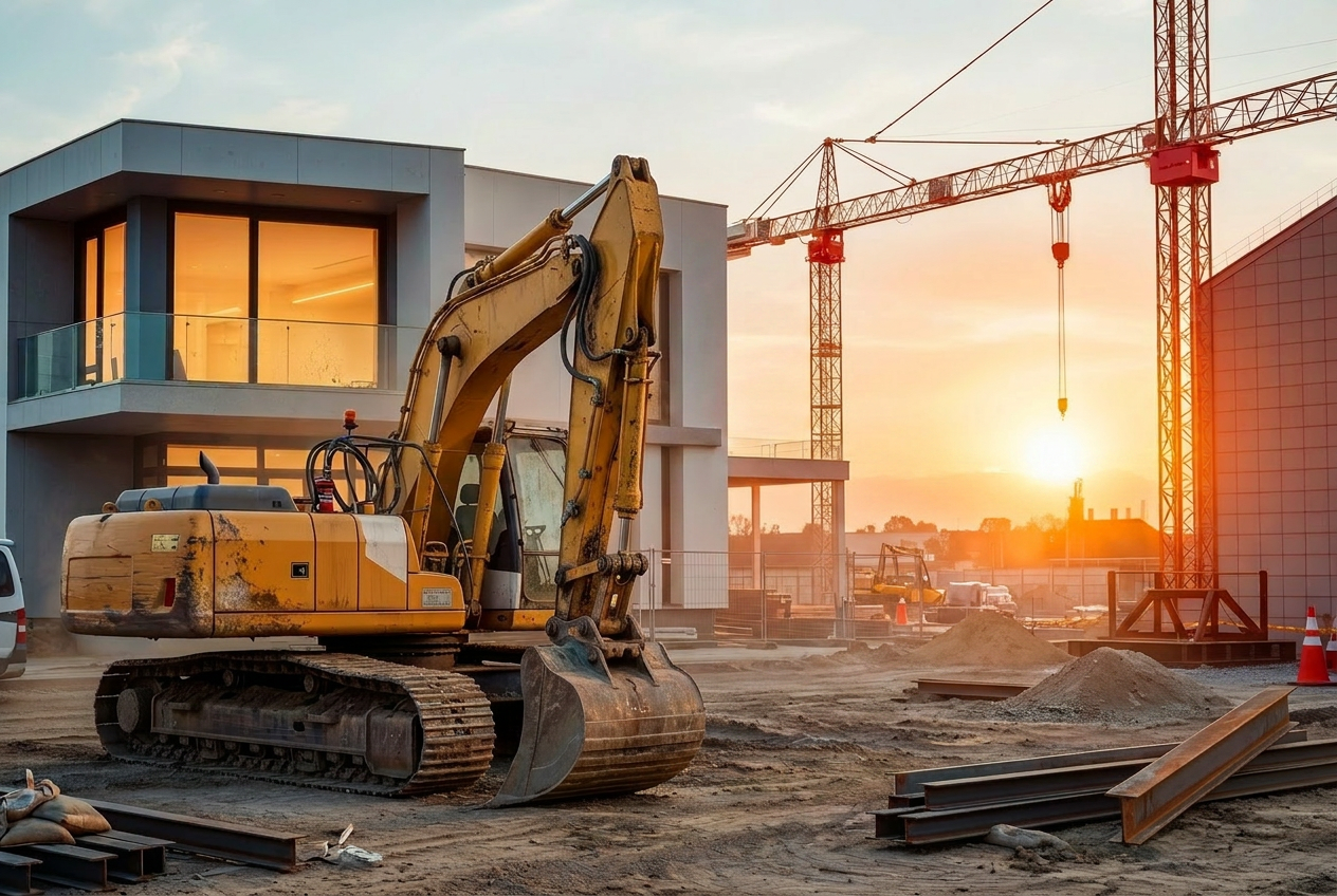 Moderne Baustelle mit Bagger und Kran bei Sonnenuntergang