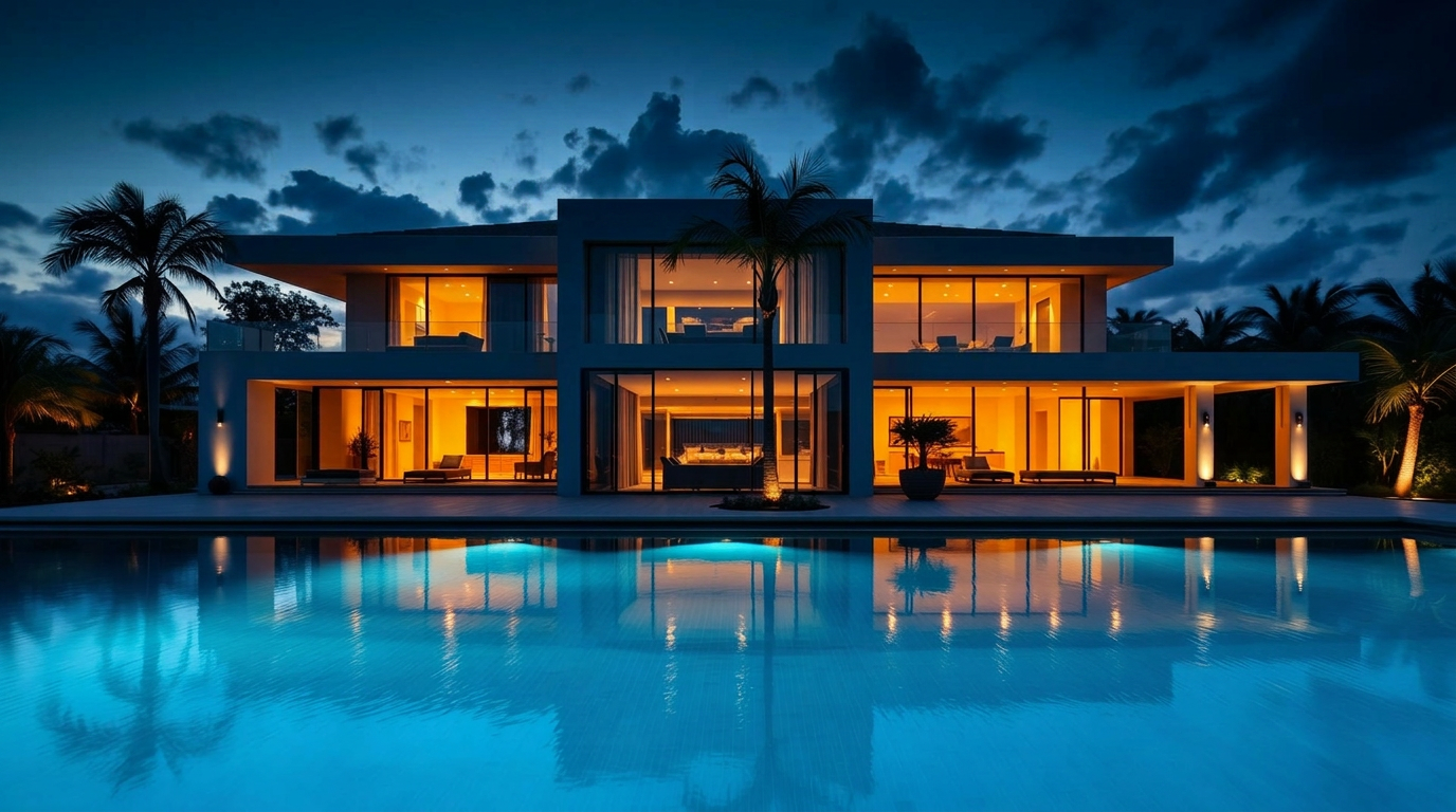Luxusvilla mit Pool und Abendstimmung